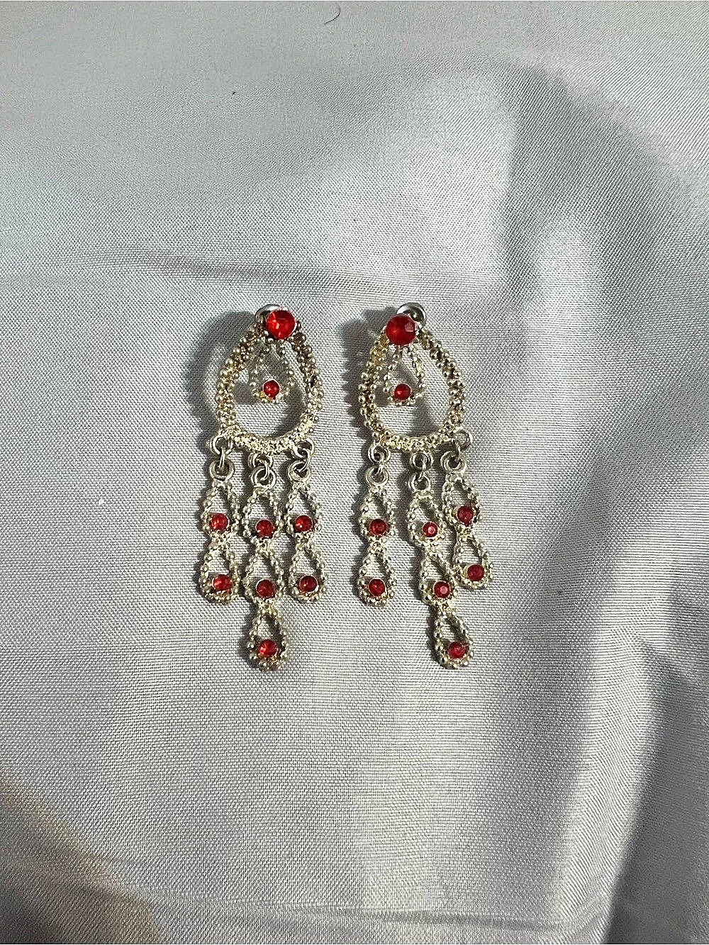 Red Rhinestone Silver-Tone Chandelier Earrings – $15